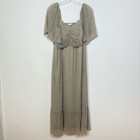 BALTIC BORN Athena Pleated V-Neck Maxi Dress Champagne Gold Metallic Size L - Picture 9 of 17